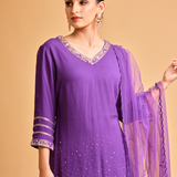 Mirror Work Purple Kurta Set with Pleated Sharara Pants & Dupatta