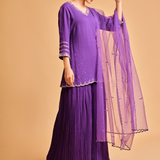 Mirror Work Purple Kurta Set with Pleated Sharara Pants & Dupatta