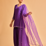 Mirror Work Purple Kurta Set with Pleated Sharara Pants & Dupatta