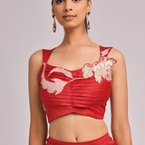 Red Long Cape Paired With Pleated Cutwork Bustier  And Red Pleated Skirt