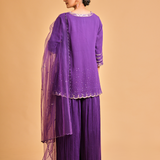 Mirror Work Purple Kurta Set with Pleated Sharara Pants & Dupatta