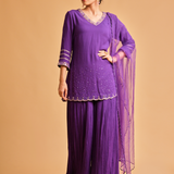 Mirror Work Purple Kurta Set with Pleated Sharara Pants & Dupatta