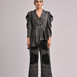 Black Printed Assymetrical Short Jacket With Printed Pants