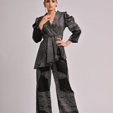 Black Printed Assymetrical Short Jacket With Printed Pants