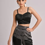 Black Soild Pleated Bustier With Printed Pants