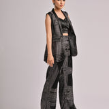 Black Sleeveless Jacket With Pleated Bustier And Pants