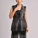 Black Sleeveless Jacket With Pleated Bustier And Pants