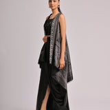 Black Printed Assymetrical Jacket With An Embroidered Bustier And Cowl Drape Skirt