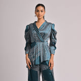 Black Printed Assymetrical Short Jacket With Printed Pants