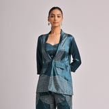 Teal Printed Jacket With Solid Pleated Bustier And Printed Pants
