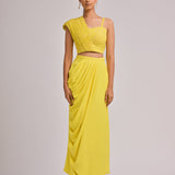 Yellow Printed Sculpted Bustier With One Sided Cowl Skirt