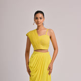 Yellow Printed Sculpted Bustier With One Sided Cowl Skirt
